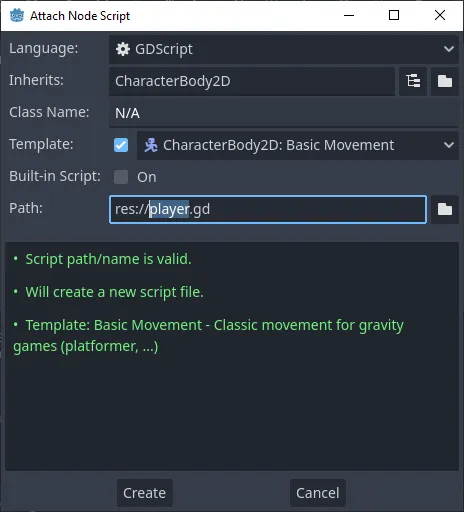 Godot window for making a new script on a CharacterBody2D node